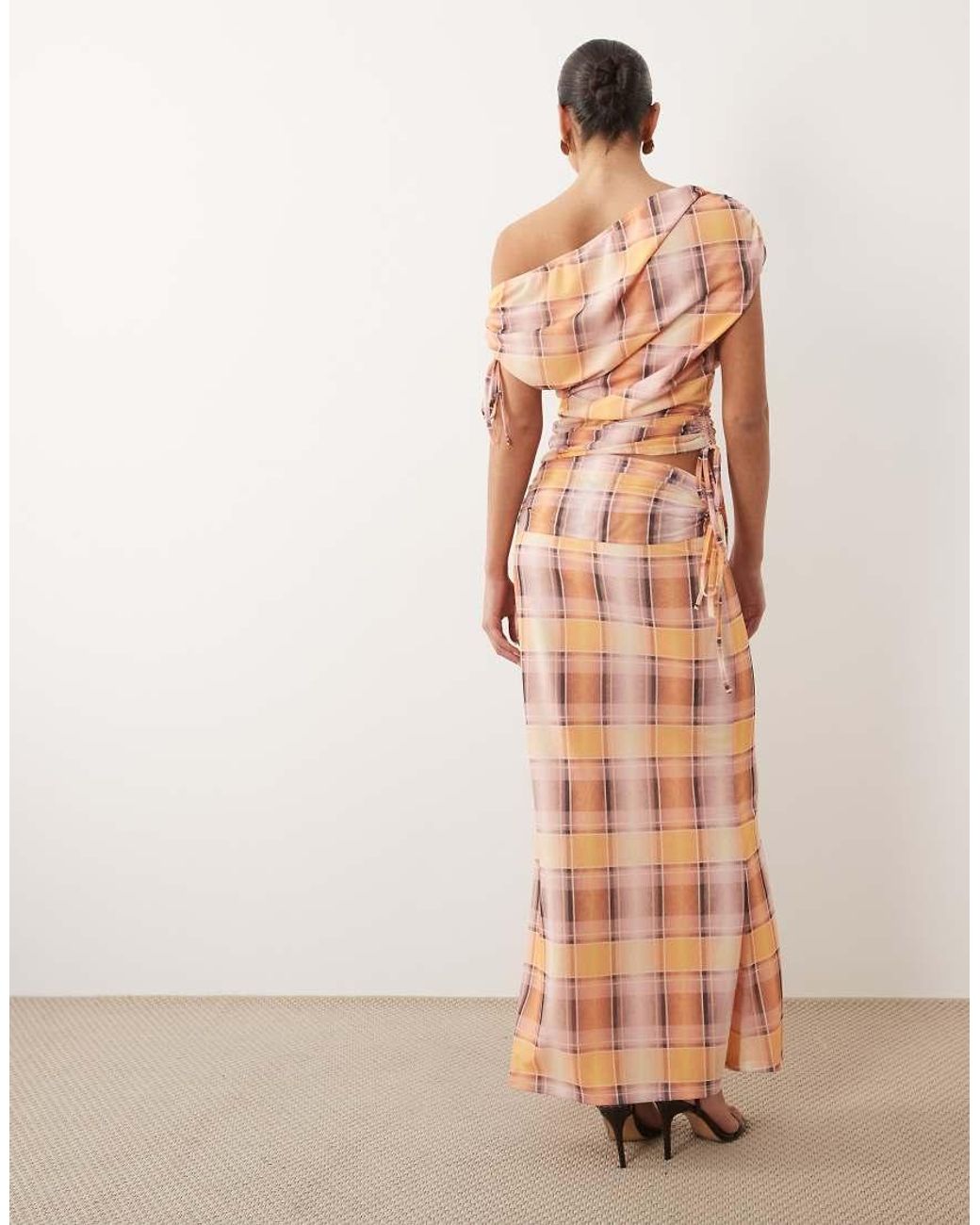 ASOS Brown Co-ord Printed Mesh Ruched Maxi Skirt