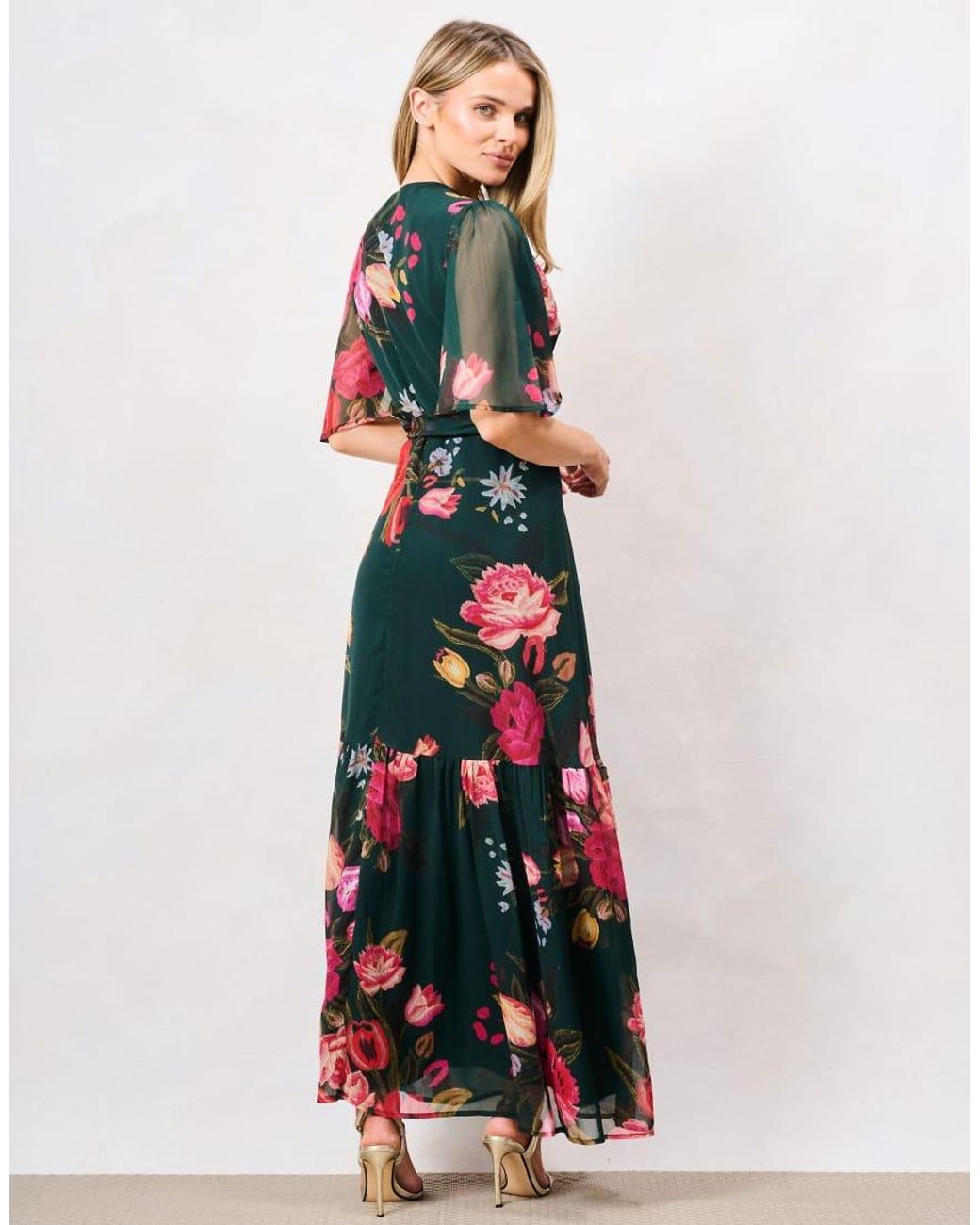 Hope & Ivy Red The Tamra Petite Flutter Sleeve Maxi Wrap Dress With Tie Waist