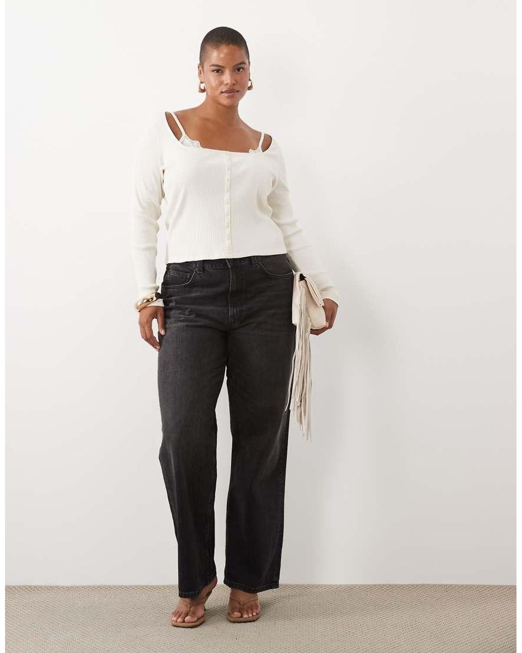 ASOS Brown Asos Design Curve Sculpting Rib Button Through Top With Lace Underlayer