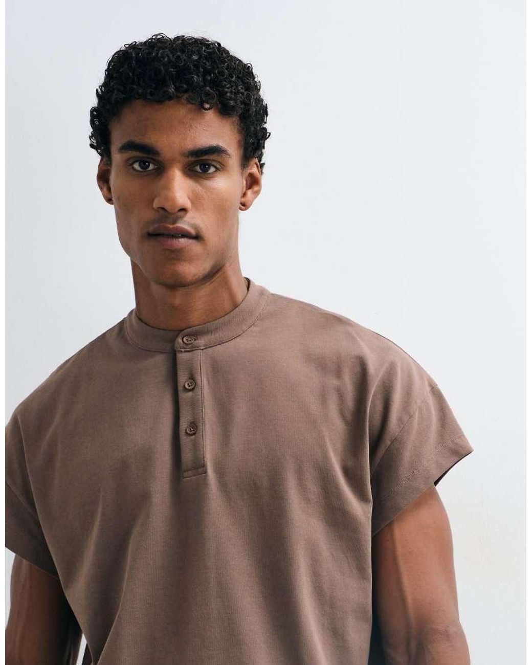 ASOS Brown Heavyweight Boxy Oversized Henley T-shirt With Cap Sleeve for men
