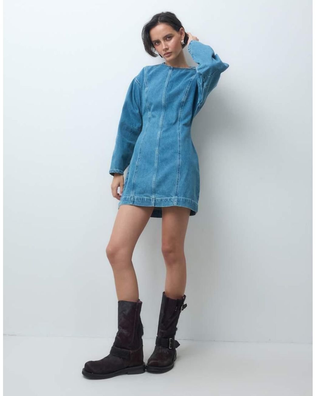 ASOS Blue Denim Seamed Long Sleeve Mini Dress