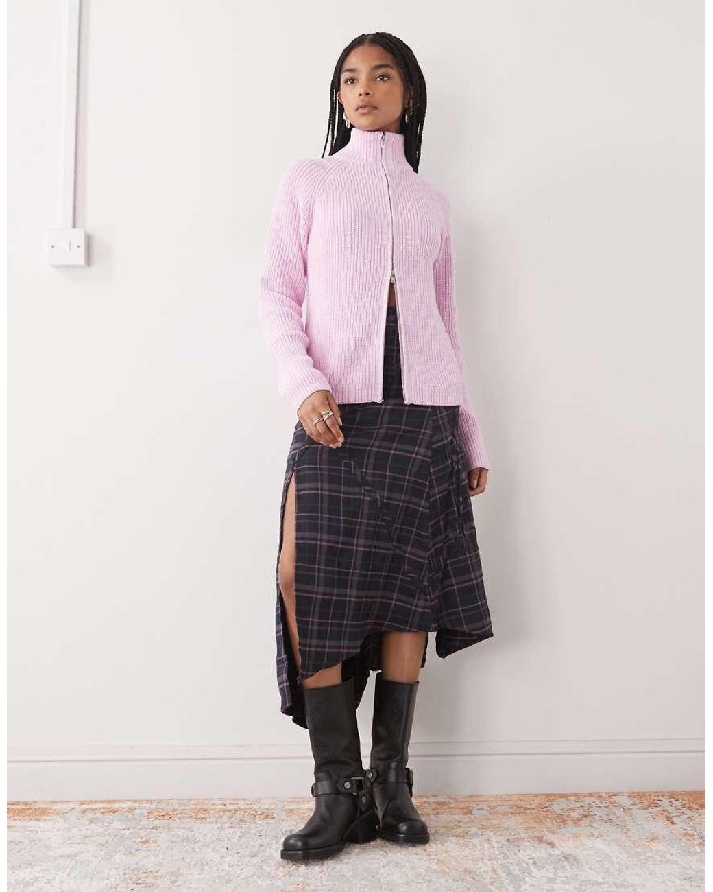 Monki Pink Rib Knit Two Way Zipper Cardigan