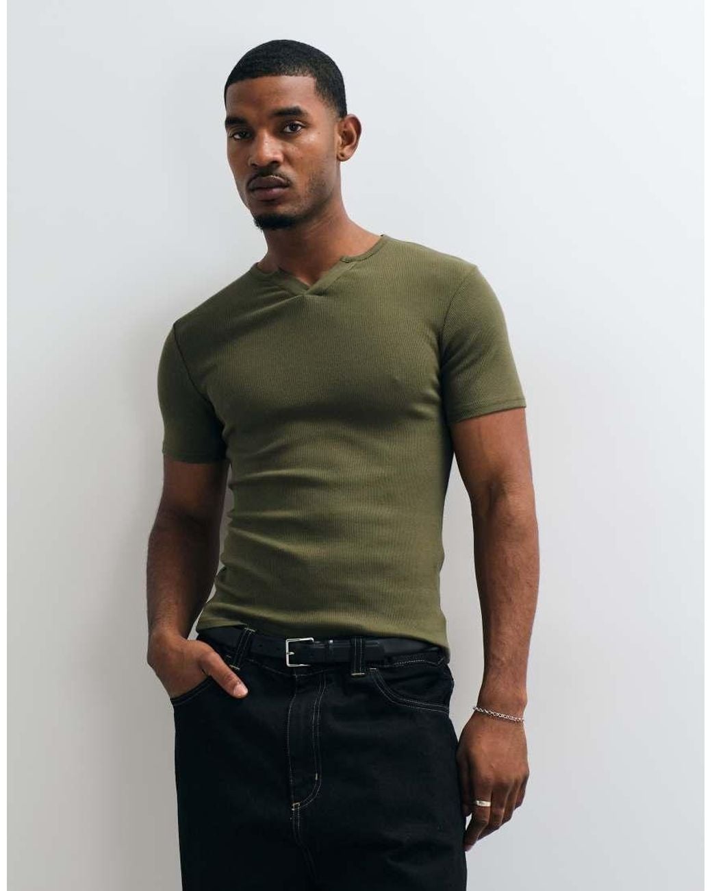 ASOS Green Muscle Fit T-Shirt With Notch Neck for men