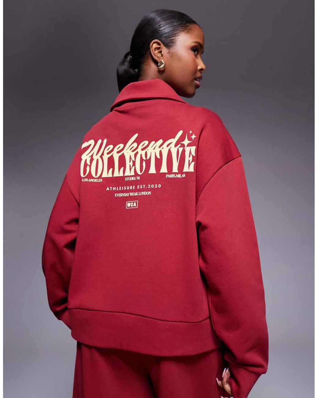 ASOS Red Weekend Collective Half Zip Sweatshirt With Mixed Font Graphic