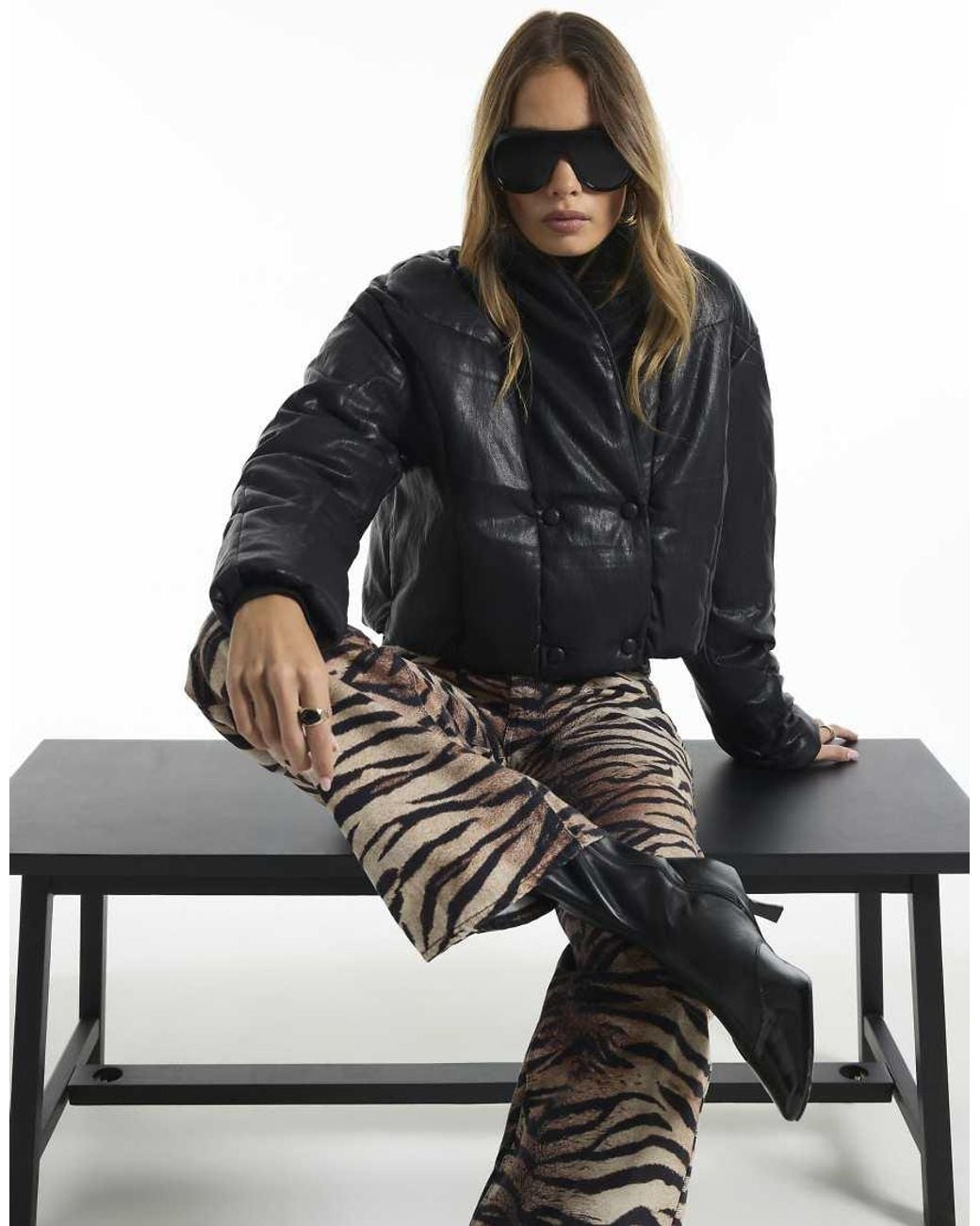 River Island Black Faux Leather Short Puffer Jacket