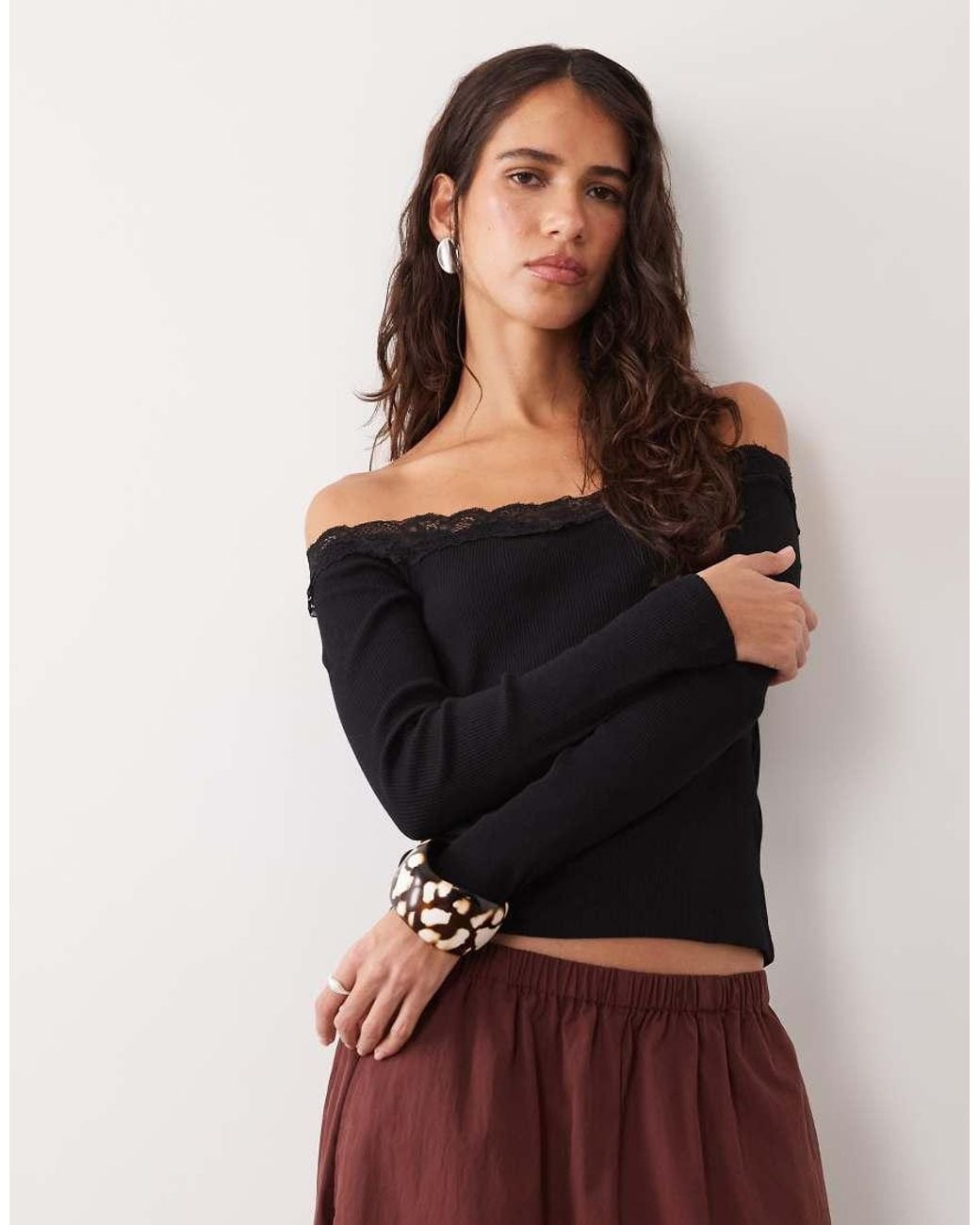 New Look Black Lace Trim Bardot Top