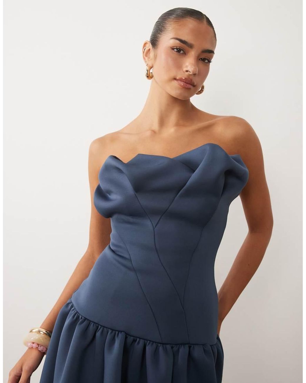 ASOS Blue Scrunched Bandeau Bubble Hem Midi Dress