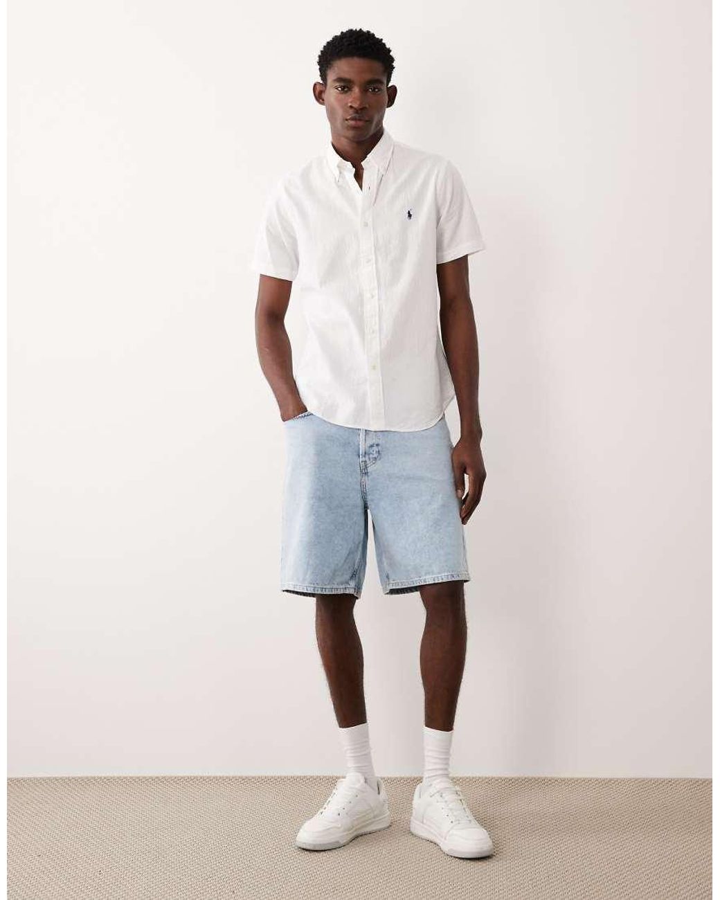 Polo Ralph Lauren White Icon Logo Short Sleeve Cotton Seersucker Shirt for men
