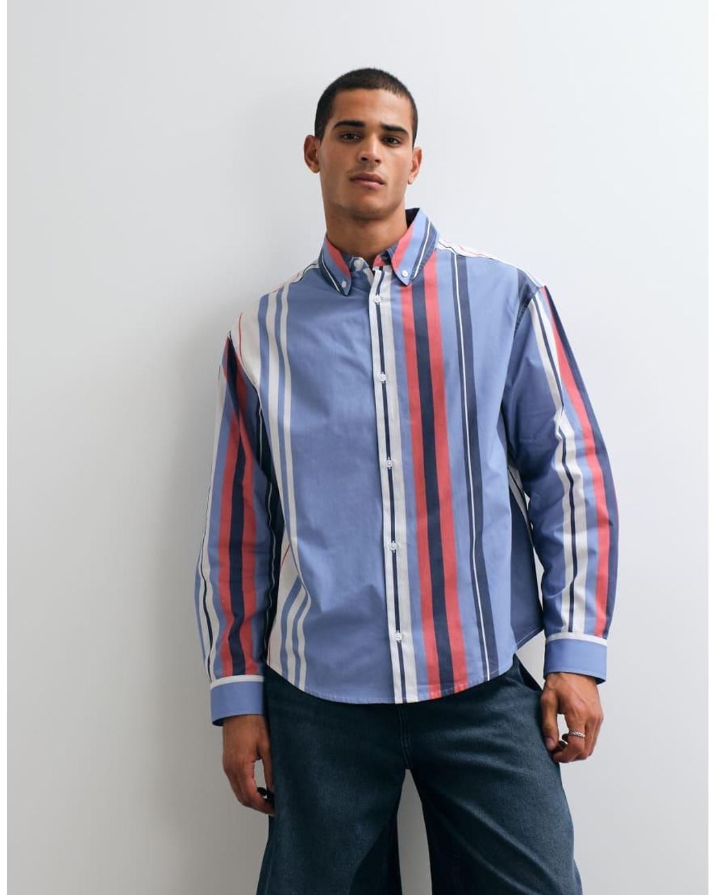 ASOS Blue Oversized Poplin Stripe Shirt for men