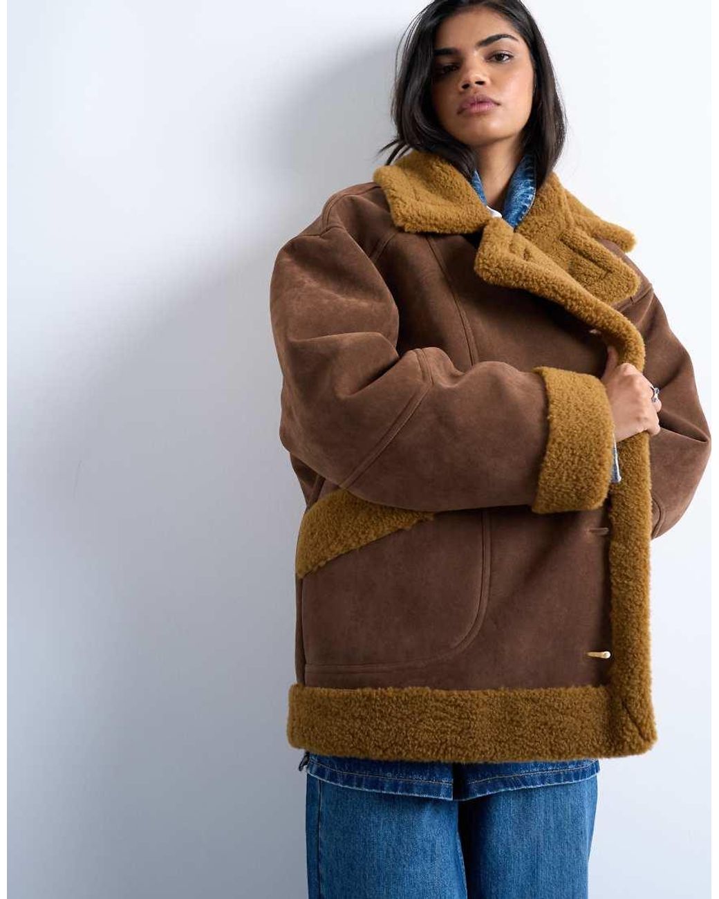 TOPSHOP Brown Faux Shearling Oversized Car Coat