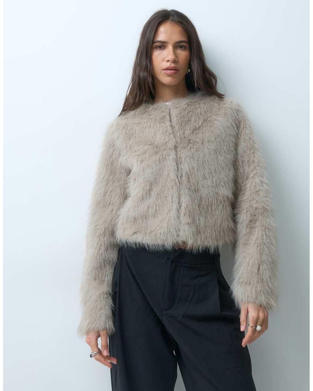 Mango Gray Faux Fur Collarless Jacket