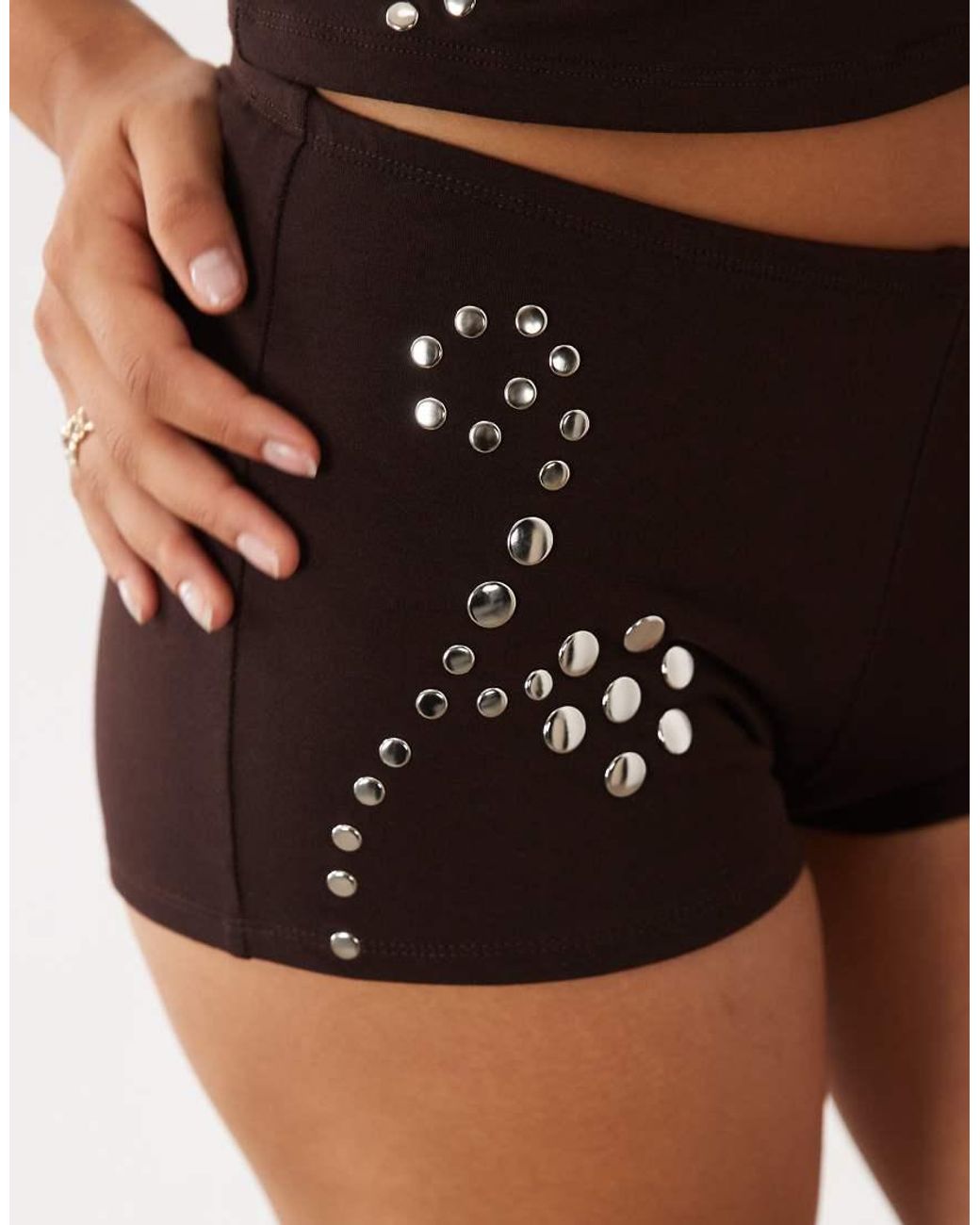 Motel Brown Keuni Mini Short With Flower Stud Detail