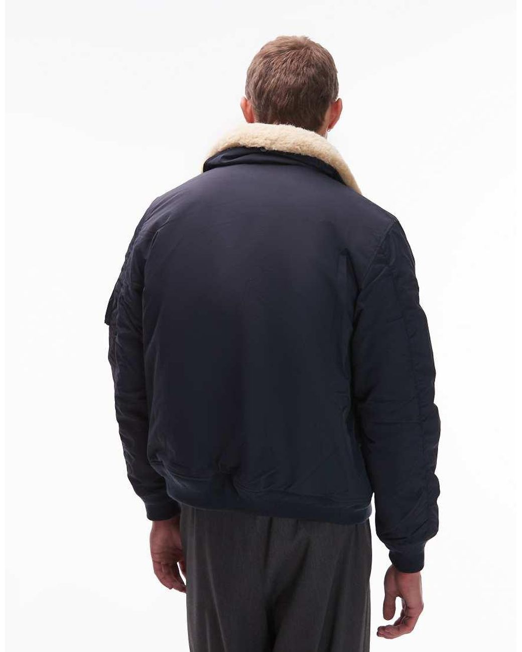 Schott Nyc Blue Logo Patch Zip Pocket Detail Cropped Padded Jacket With Faux Fur Collar for men