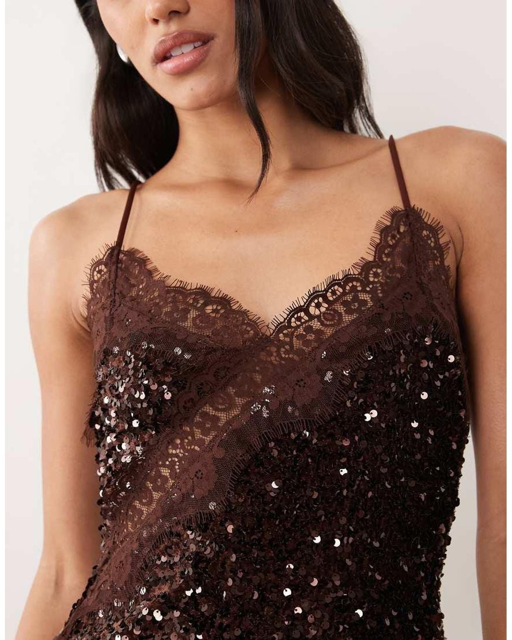 Pieces Blue Asymmetric Lace Trim Sequin And Velvet Cami Top
