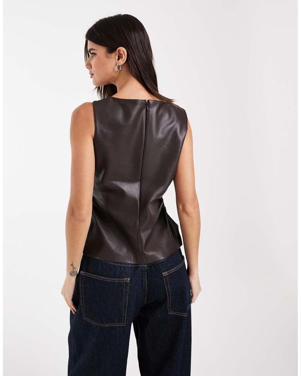 River Island Black Leather Look Ruched Sleeveless Top