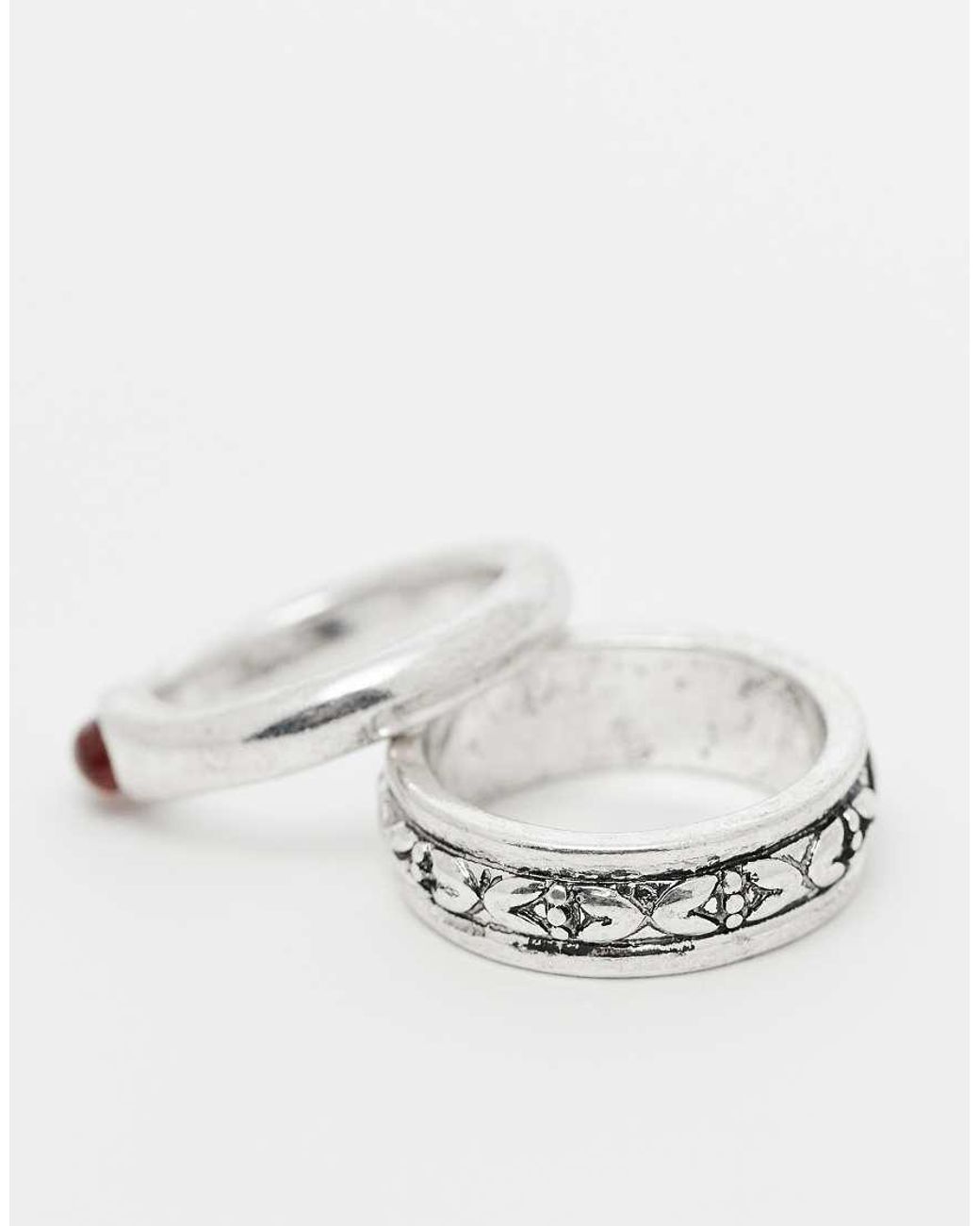 ASOS Set Van 2 Ringen Met Patroonstructuur En Rode Steen in het White voor heren