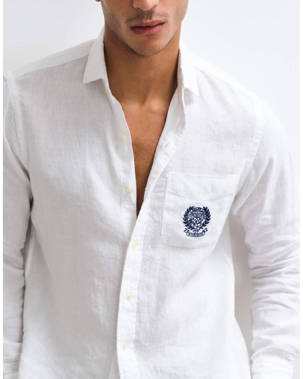 Polo Ralph Lauren White Wimbledon Capsule Crest Embroidered Pocket Linen Shirt for men