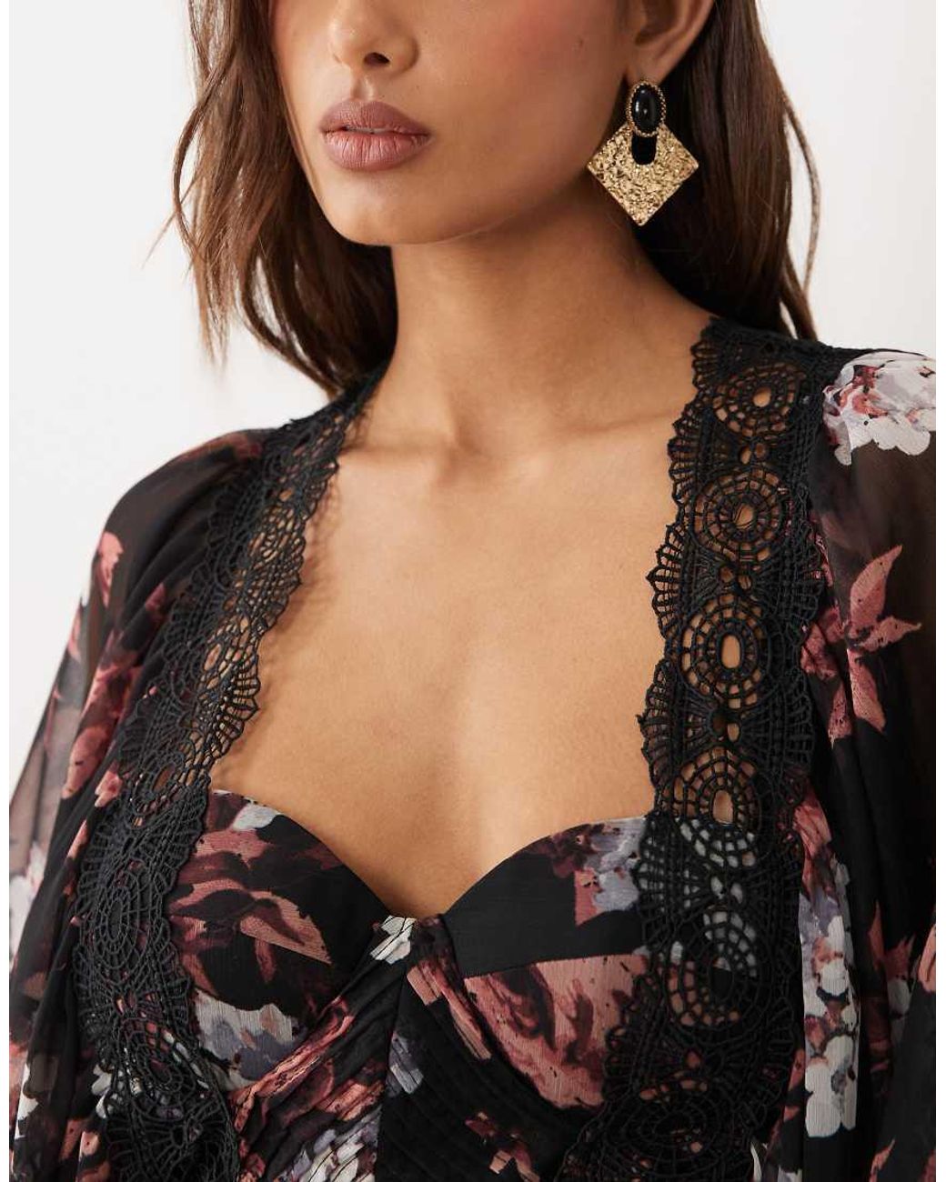 ASOS Brown Lace Trim Long Sleeved Corset Detail Maxi Dress