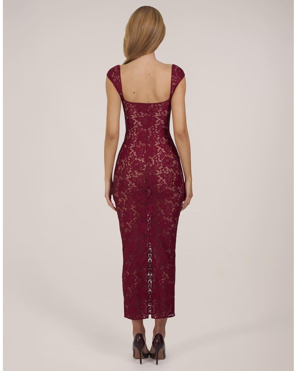 Oh Polly Red Lace Sweetheart Neck Cap Sleeve Mesh Maxi Dress