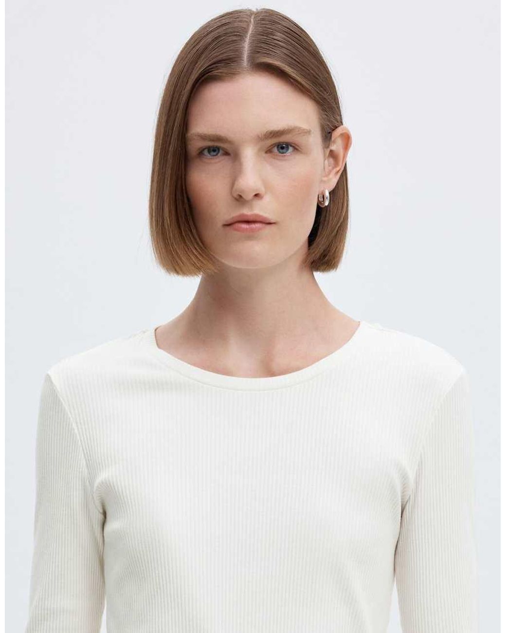 SELECTED White Anna Ribbed Denim Slim Fit Crew Neck Long Sleeve Top