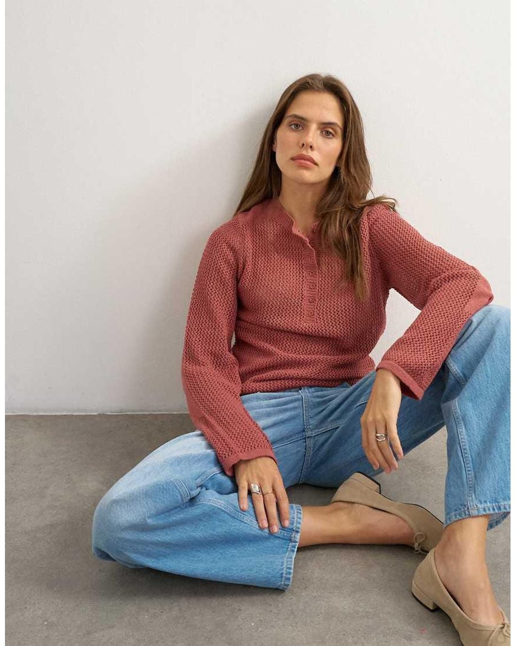 TOPSHOP Red Knitted Fine Gauge Henley Top