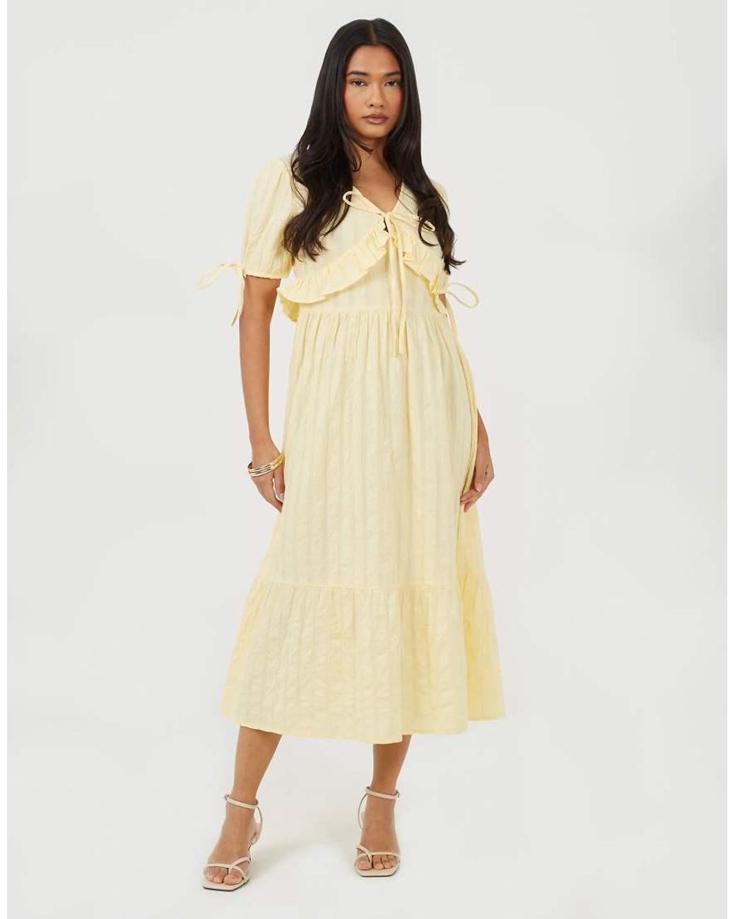 Brave Soul Natural Puff Sleeve Maxi Dress With Tie And Ruffle Details