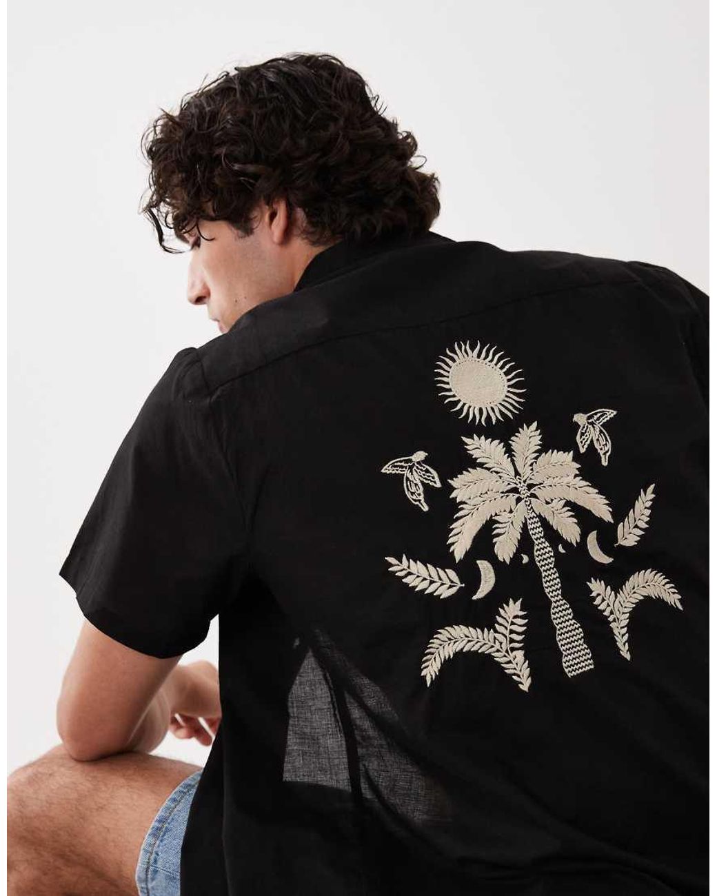 South Beach Black Embroidered Back Print Shirt for men