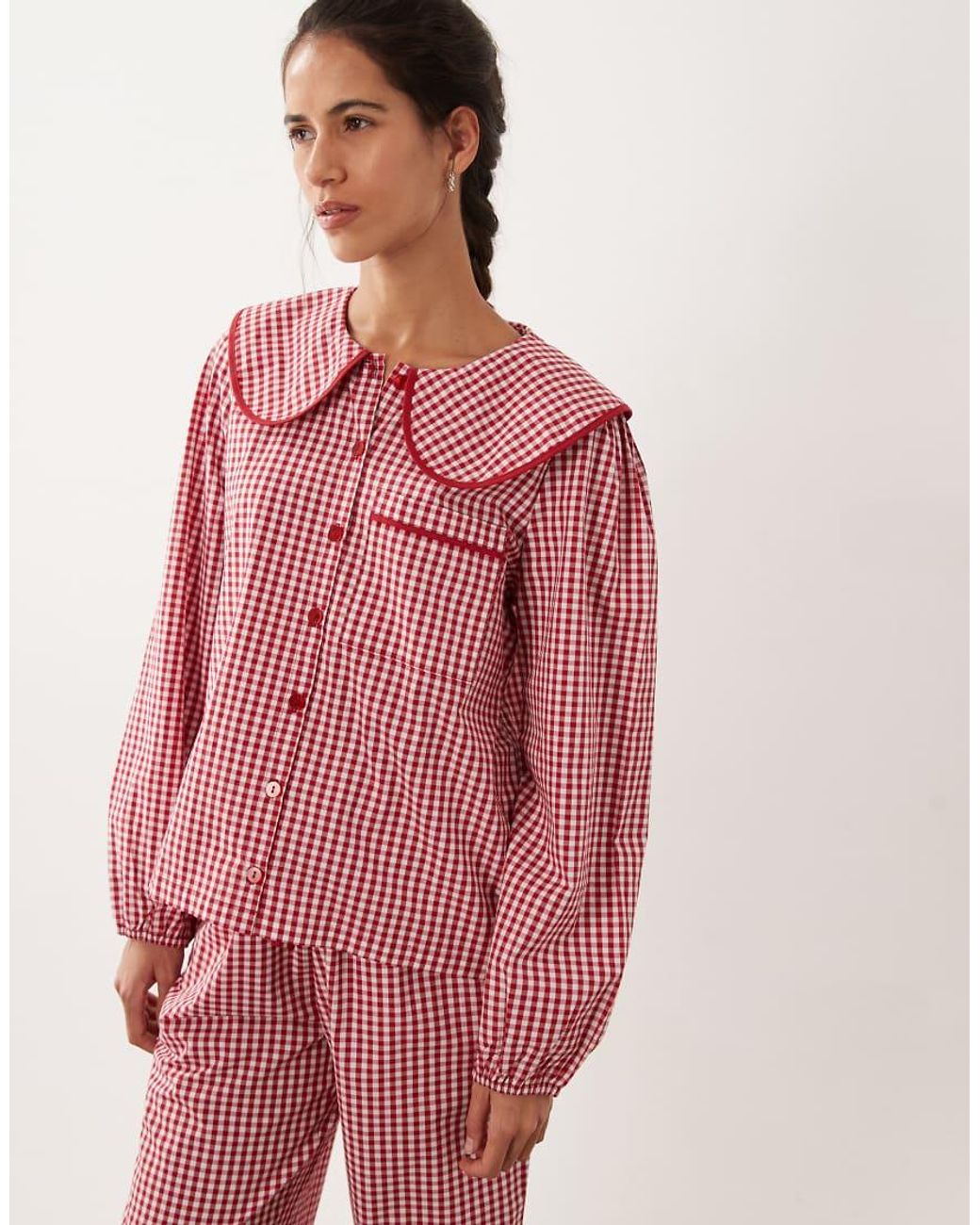 Threadbare Pink Poplin Check Button Down Pyjama Set With Frill Detail