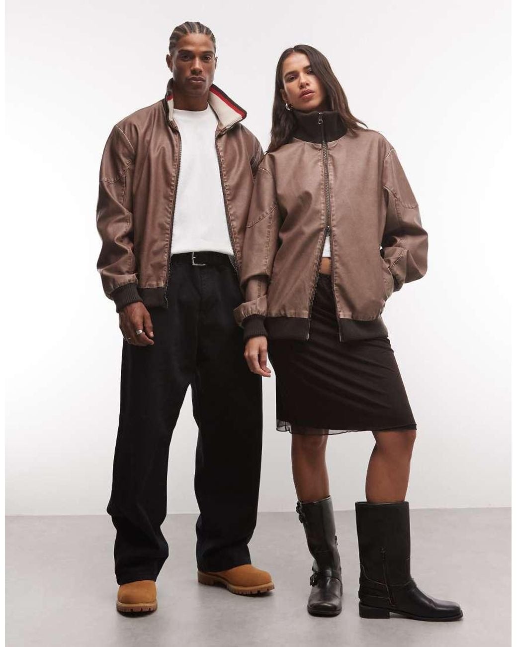 Reclaimed Vintage Brown Contrast Rib Collar Distressed Faux Leather Bomber