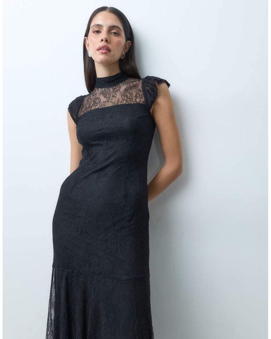 Nobody's Child Blue Katell Lace Overlay High Neck Cap Sleeve Midi Dress