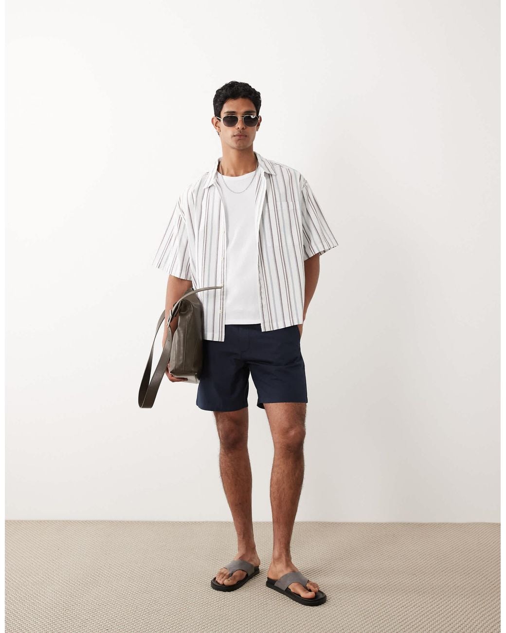 Mango White Cotton Mix Draw String Shorts for men