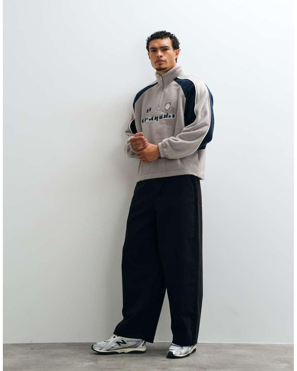 ASOS Gray Relaxed Funnel Neck Fleece With Cut & Sew Panels And Embroidery Print for men