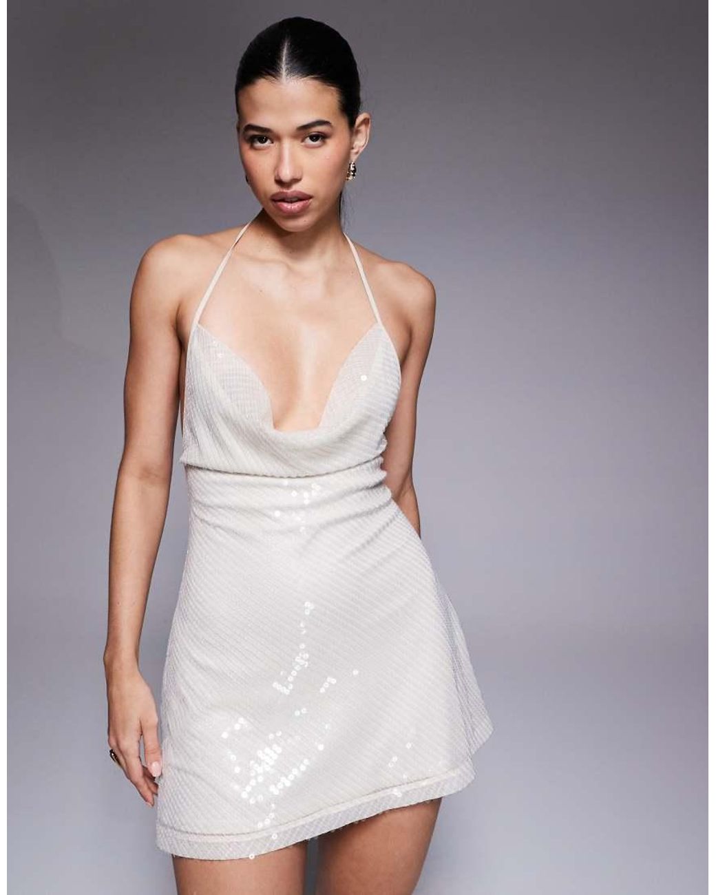 The Frolic Black Exclusive Sequin Cowl Front Halterneck Open Tie Back Mini Dress