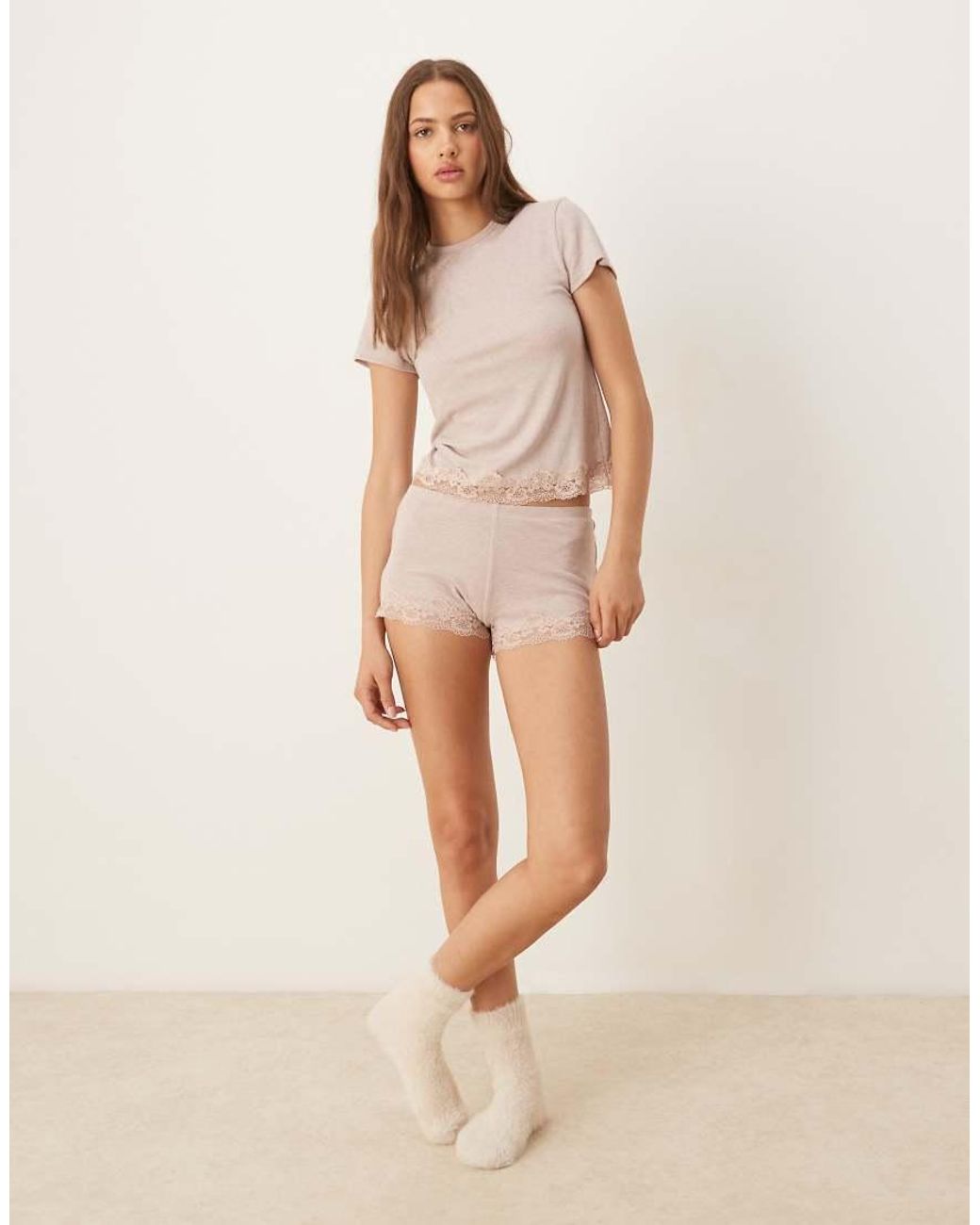 ASOS Natural Mix & Match Rib Knit And Lace Pajama Tee