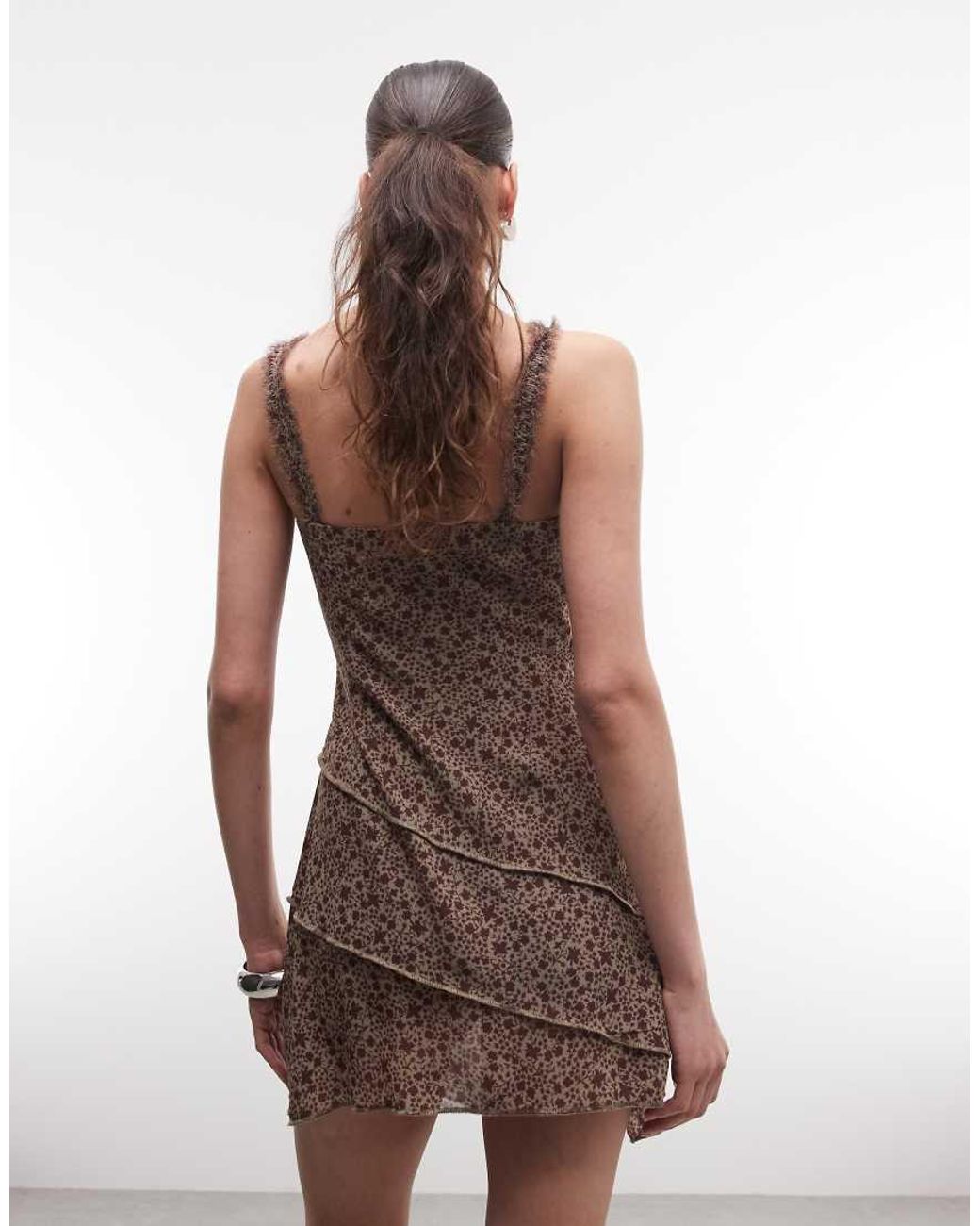 Monki Brown Asymmetric Ruffle Chiffon Mini Dress