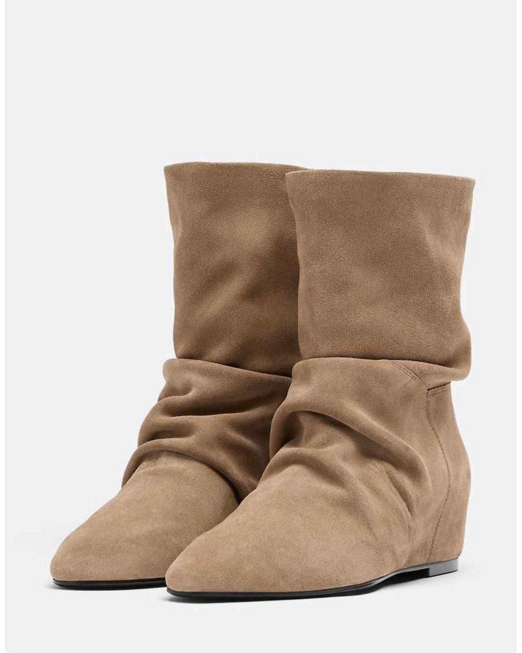 Stradivarius Brown Leather Wedge Ankle Boots