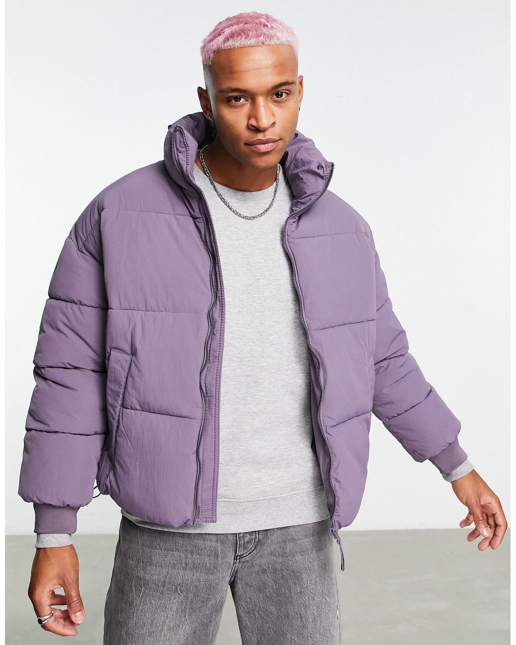 Bershka Oversized Cotton Puffer Jacket in Purple for Men | Lyst
