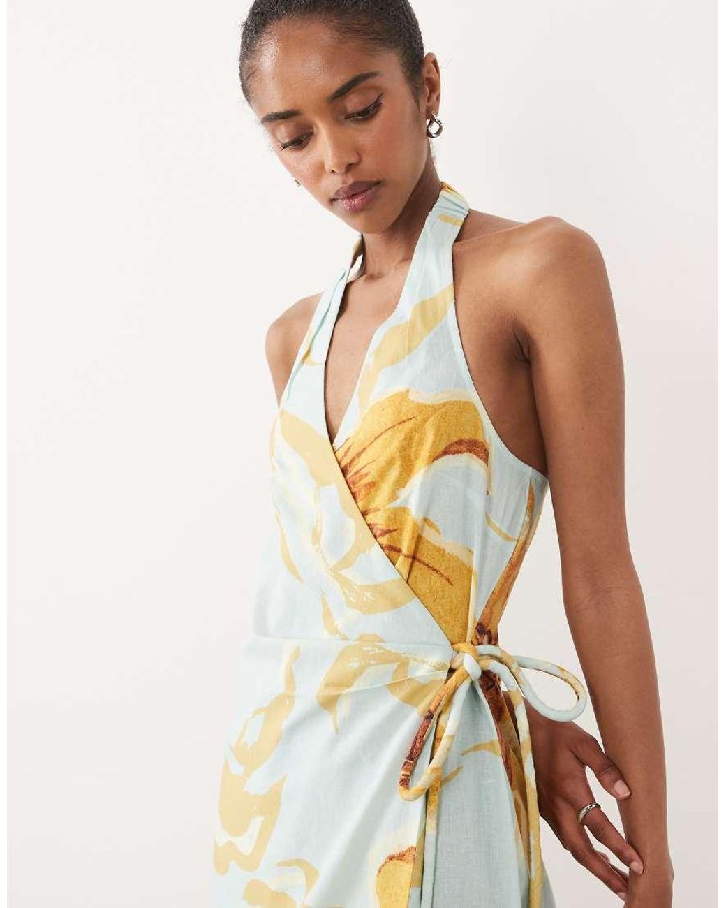 ASOS White Cotton Linen Halter Neck Wrap Maxi Sundress Blue & Yellow Floral