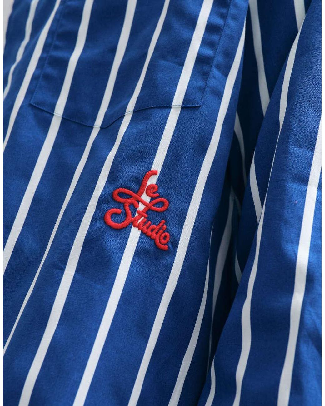 ASOS Blue Oversized Stripe Shirt With Placement Embroidery for men