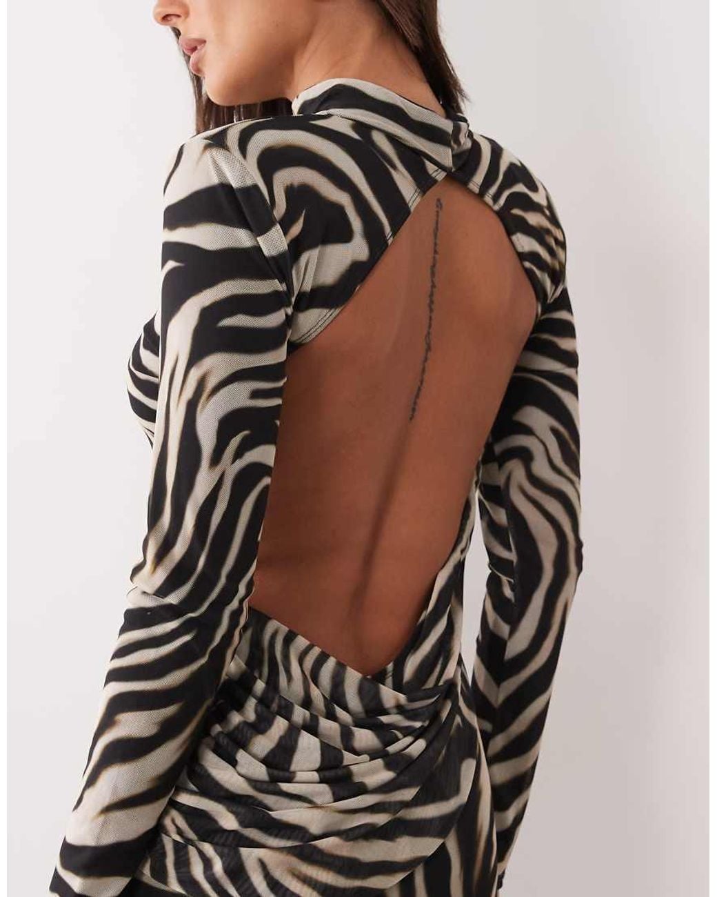 ASOS White Printed Zebra Animal Mesh Deep Cowl Mini Dress With exaggerated Sash And Shoulder Pads