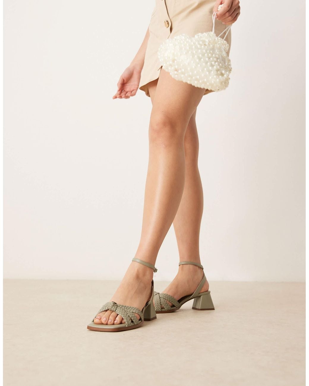 ASOS Natural Wide Fit Hummingbird Weave Detail Mid Block Heeled Sandals