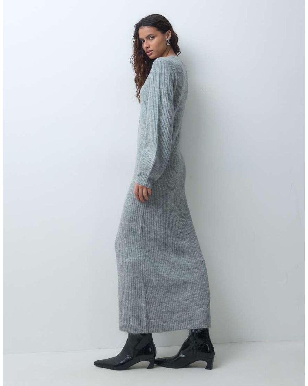 Pieces Blue Balloon Sleeve Button Front Knitted Dress