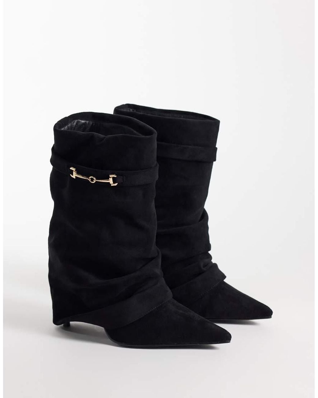 SIMMI Black Simmi London Wide Fit Sansa Fold Over Ruched Heeled Boots With Horsebit Detail