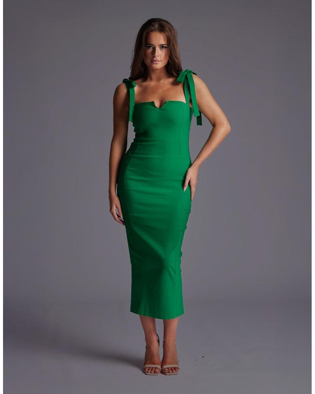 Vesper Green Bow Tie Strap Bodycon Midaxi Dress