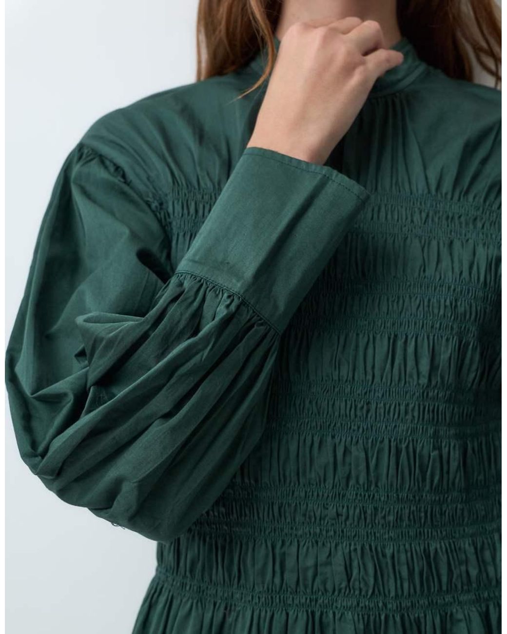 Muse Assembly Green Long Sleeve Shirred Rina Maxi Dress