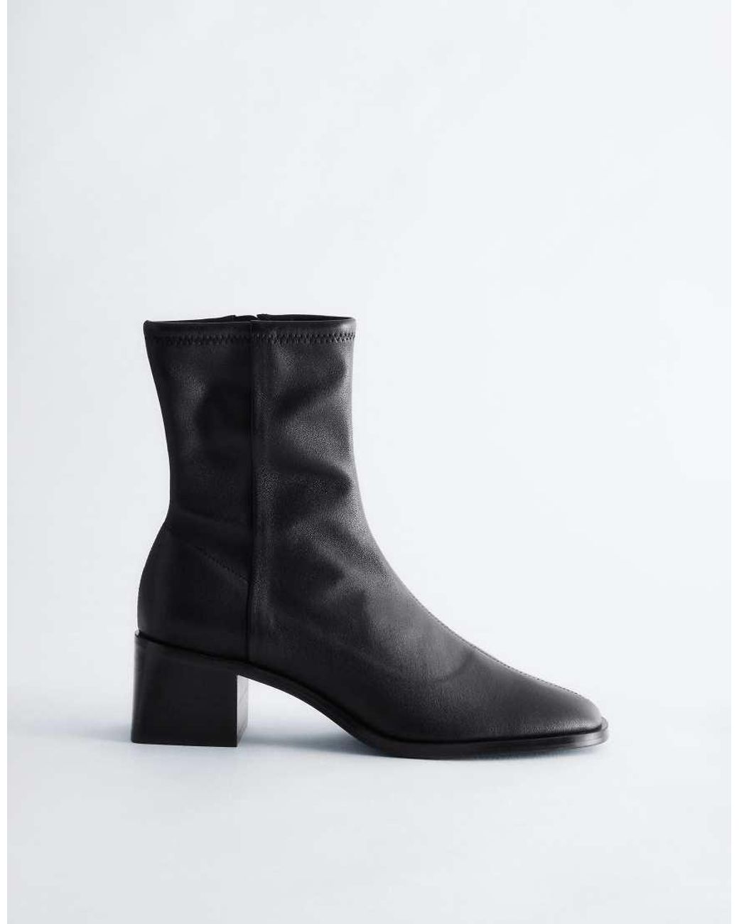 & Other Stories Black Premium Leather Square Toe Heeled Ankle Boots