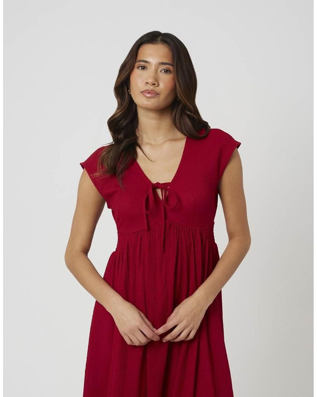 Brave Soul Textured Jersey V-Neck Midi Dress With Tie Detail