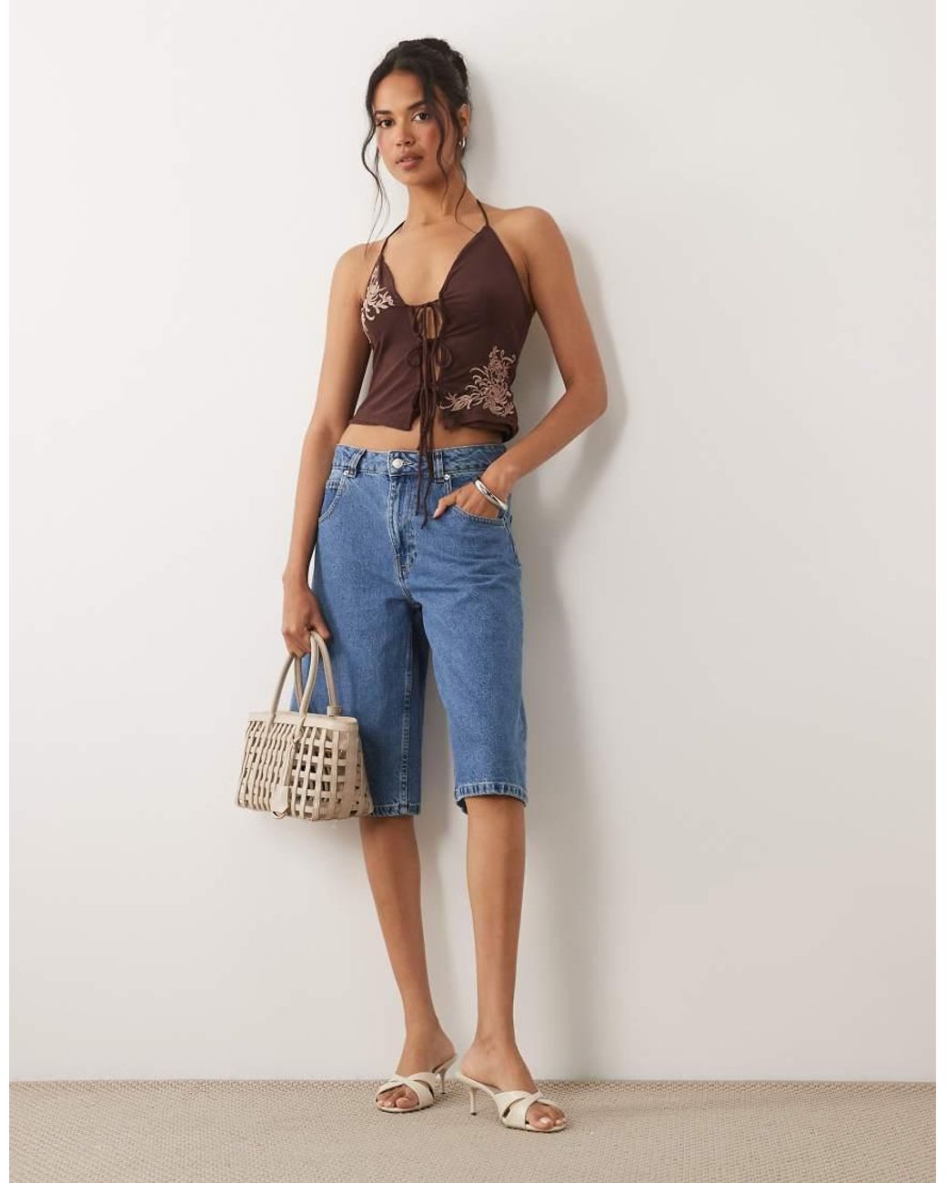 ASOS Blue Embroidered Halter Neck Split Front Cami Top