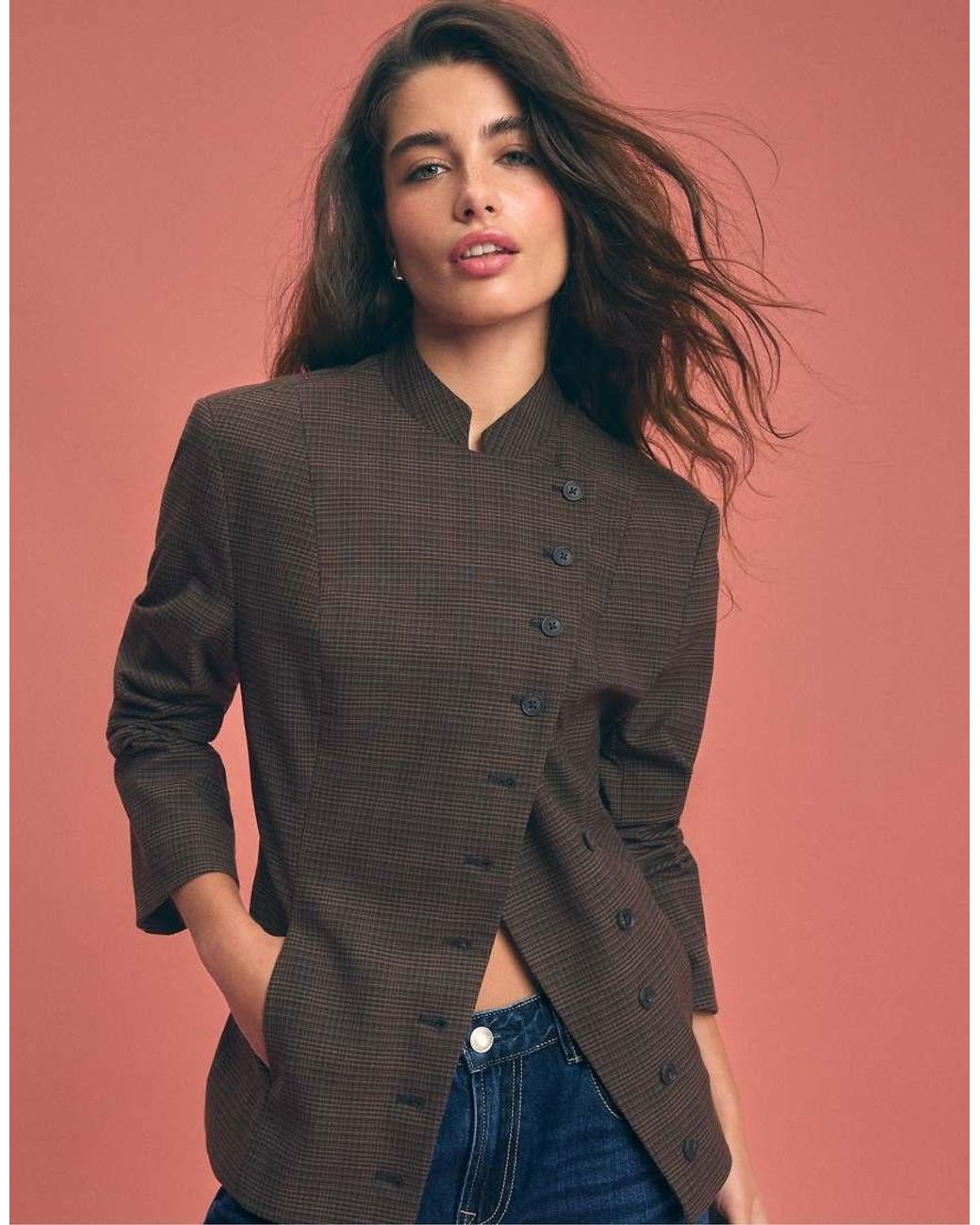 Stradivarius Blue Asymmetric Multi-button Blazer