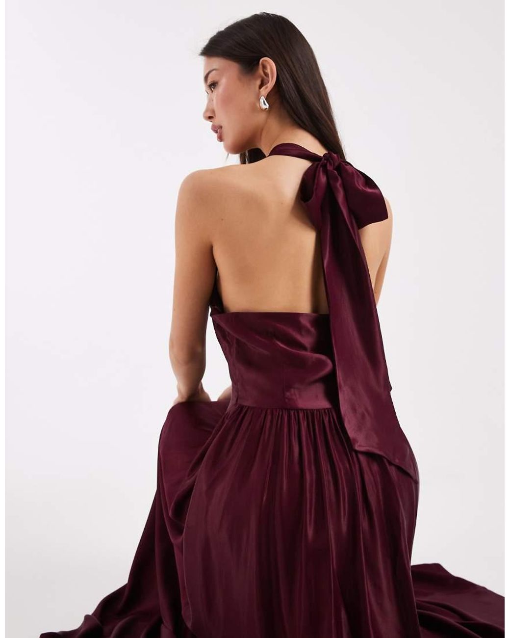 ASOS Purple Satin Slash Neck Seam Detail Maxi Dress
